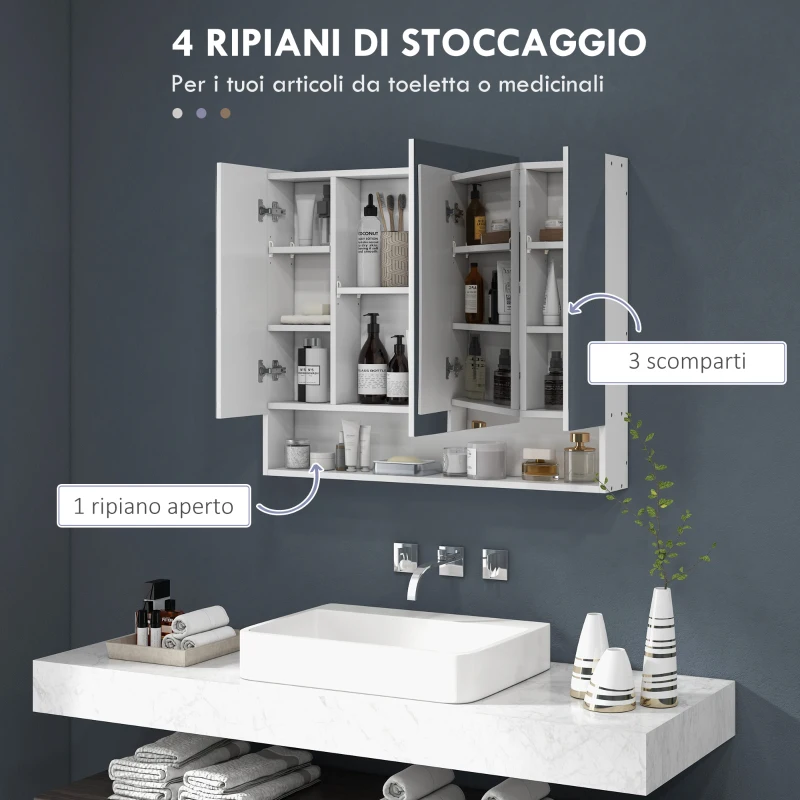 kleankin Specchiera Bagno con Armadietto 3 Ante Soft Close e Ripiani Regolabili, 90x15x75 cm, Bianco