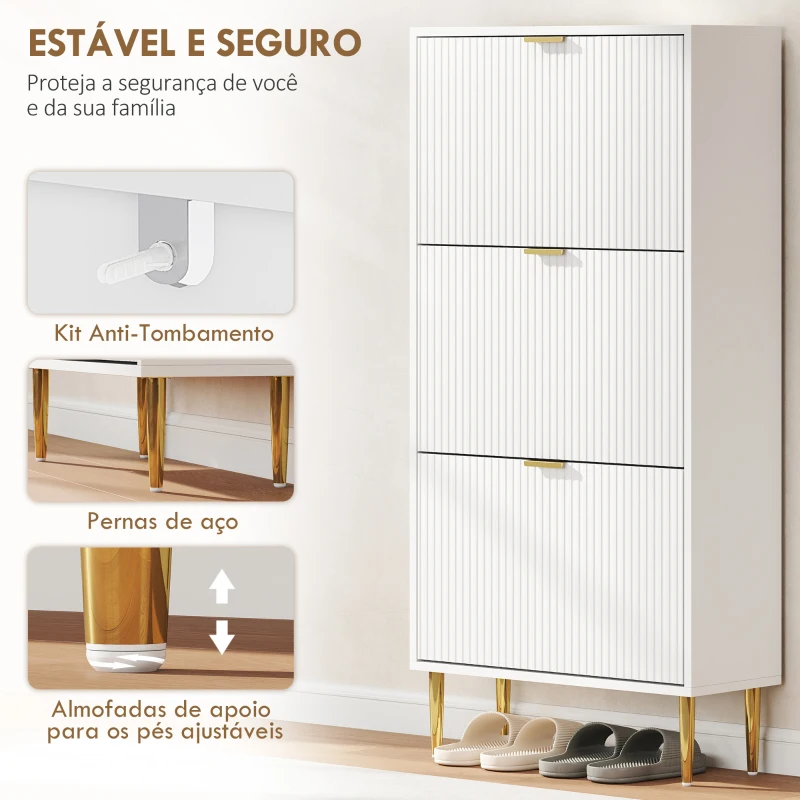 HOMCOM Sapateira Estreita com 3 Portas Caneladas com Prateleiras Ajustáveis para 18 Pares de Sapatos 60x24x122,5 cm Branco
