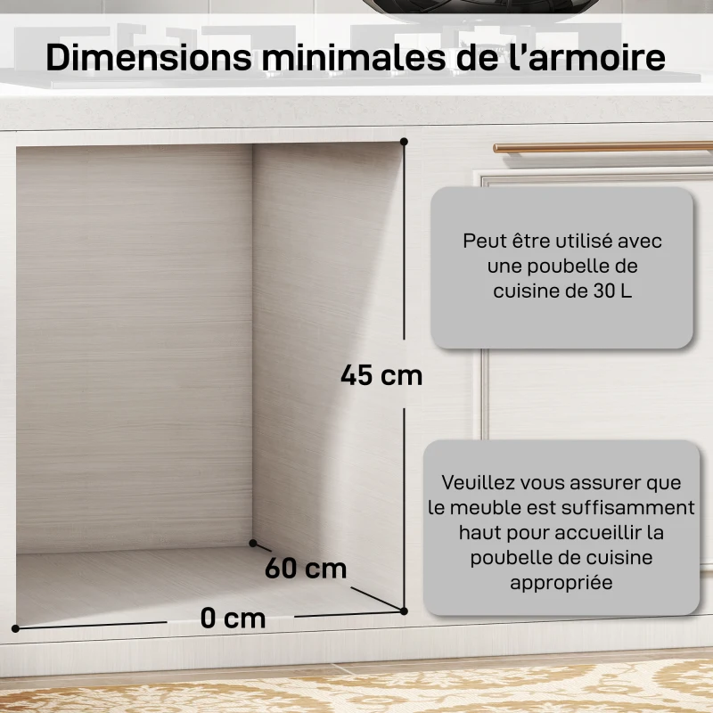 HOMCOM Poubelle cuisine coulissante 30L avec 2 compartiments, poubelle sous évier avec couvercle givré, 52x26x40,8cm, gris