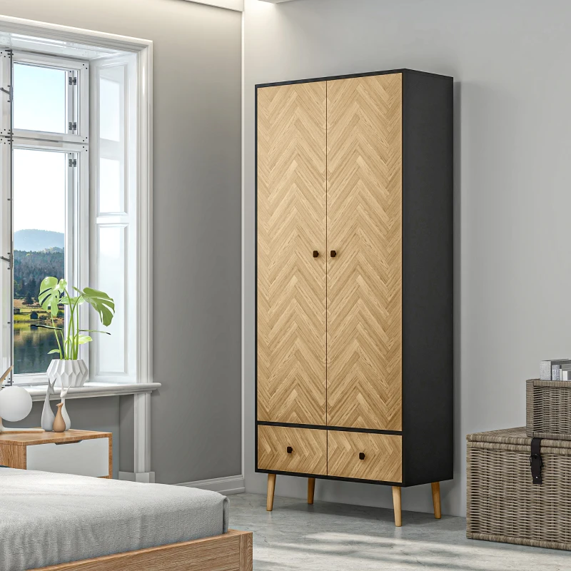 HOMCOM Essential Wardrobe Cabinet with Shelf, Hanging Rails and 2 Drawers, 50kg Weight Capacity, Nature Wood
