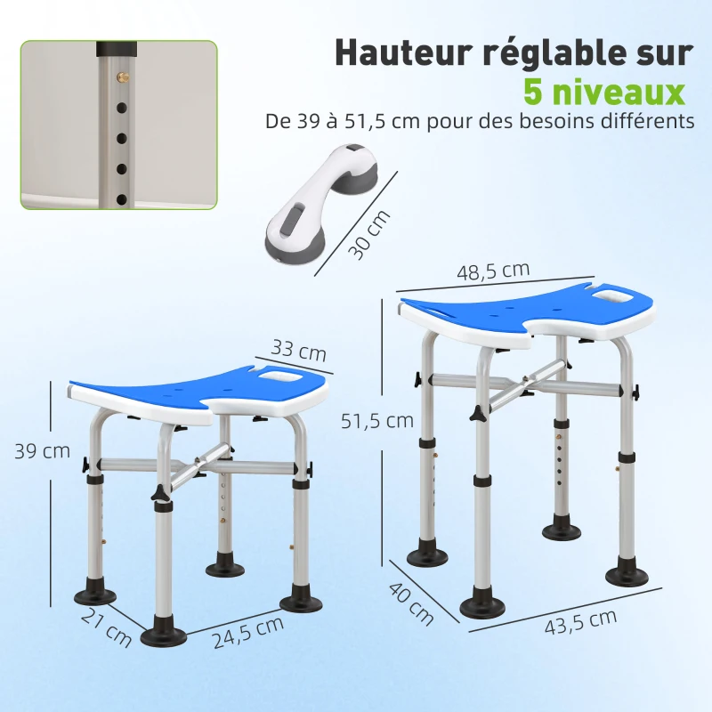 HOMCOM Tabouret de douche siège de douche hauteur ajustable 39-51,5 cm barre d'appui à ventouse patins à ventouse bleu foncé