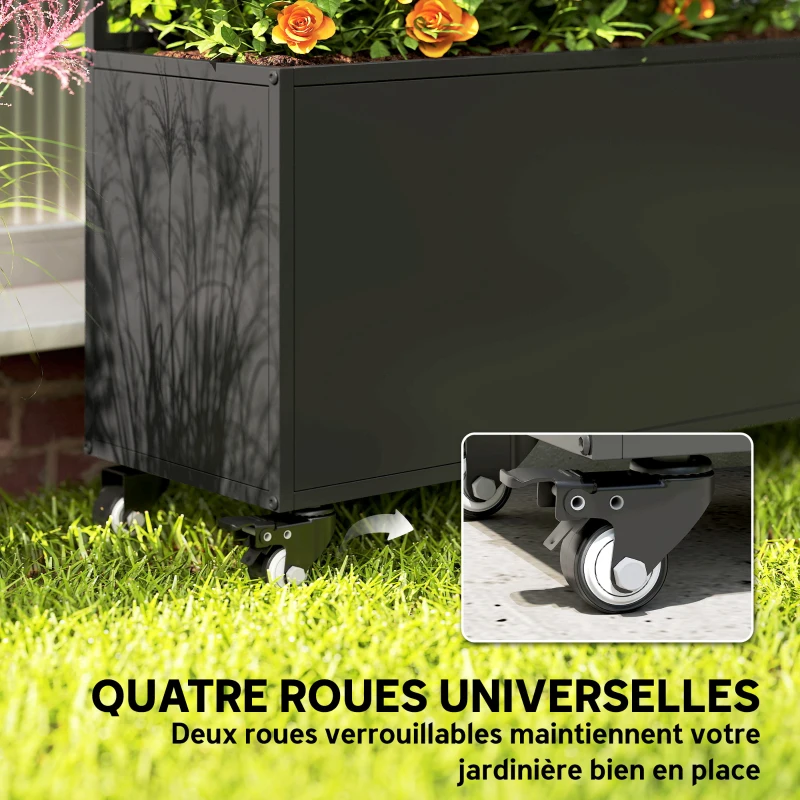 Outsunny Jardinière avec treillis, bac à fleurs, avec brise-vue et roulettes verrouillables, métal, 90 x 30 x 160 cm, noir