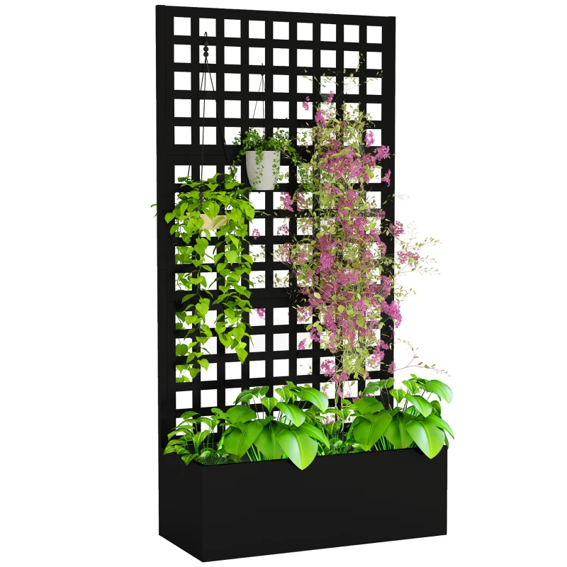 Outsunny Jardinière avec treillis, brise-vue, lit surélevé de jardin acier galvanisée, pour plantes grimpantes, 89x40x178cm, noir