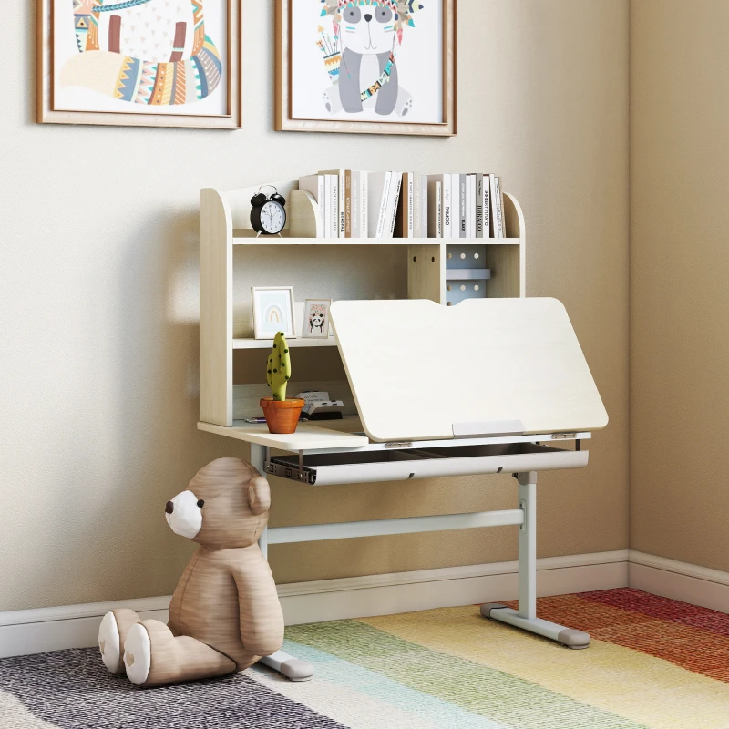AIYAPLAY Bureau pour enfants, table d'étude réglable en hauteur avec plateau inclinable, 80 x 51 x 108,5-130,5 cm, naturel