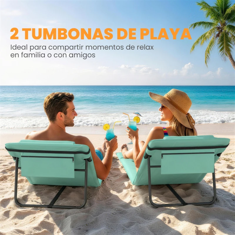 Outsunny Conjunto de 2 Esterillas de Playa Plegable con Respaldo Ajustable Reposacabezas Acolchado 146x50x2 cm Verde