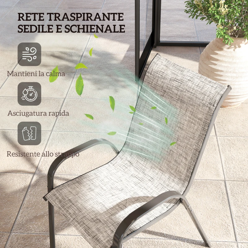 Outsunny Set 4 Sedie da Giardino Impilabili con Braccioli Curvi, in Acciaio e Tessuto Traspirante, 54x71x93 cm, Grigio