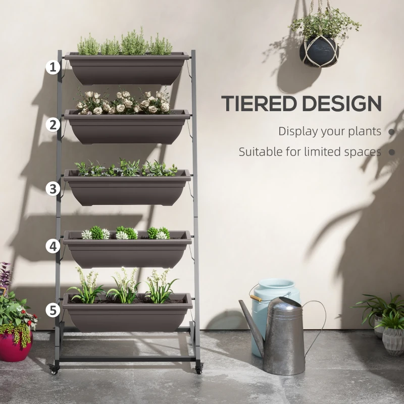 Outsunny 5-poziomowy stojak na rośliny, 145 cm wysoki kwietnik z doniczkami i kółkami, stalowy kwietnik, brązowy