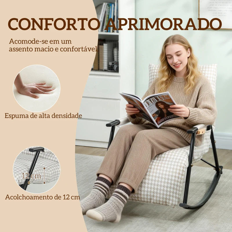 HOMCOM Poltrona Baloiço com Encosto e Apoia-Pés Ajustáveis 105° Estofada em Linho com Bolso Lateral Cinzento e Branco