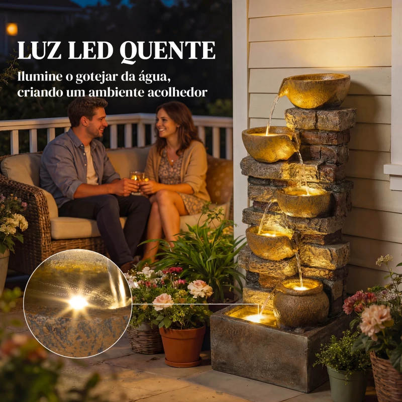 Outsunny Fonte de Jardim com Iluminação LED e Bomba, Fonte Decorativa em Cascata de 5 Níveis, Fluxo Ajustável, Castanho Rústico
