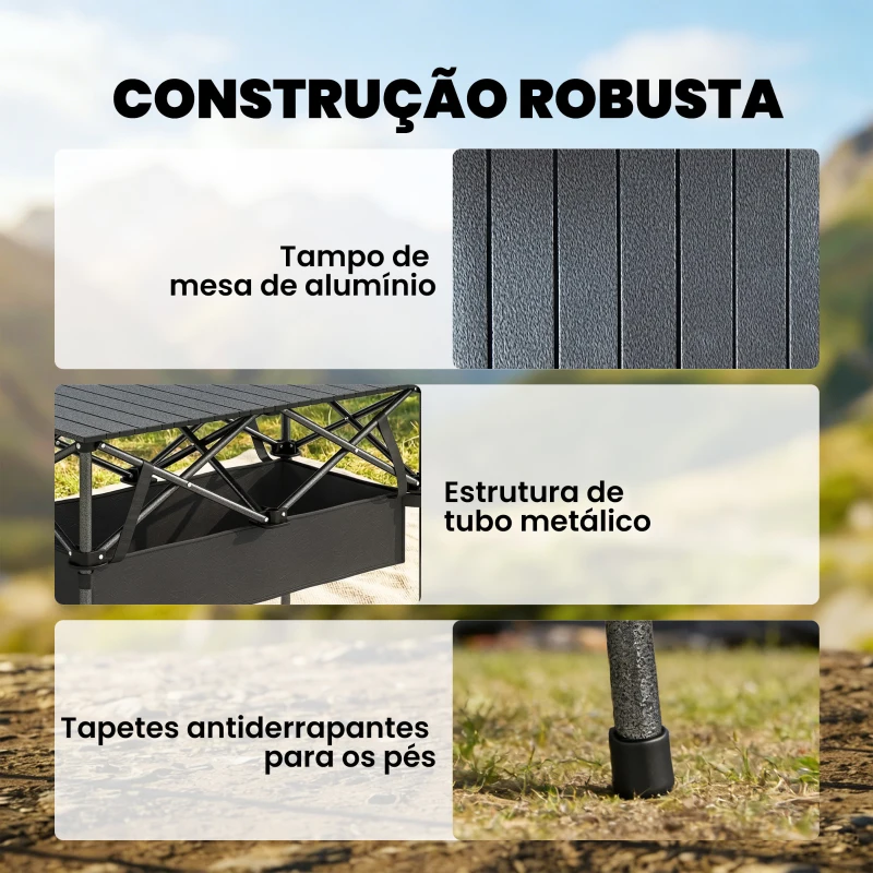 Outsunny Mesa Dobrável de Campismo 93x55x68 cm com Rede de Armazenamento Tampo Enrolável em Alumínio Saco de Transporte Preto