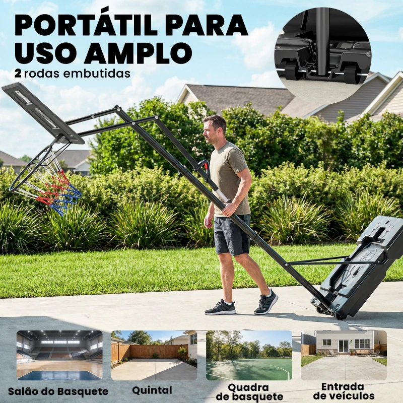 SPORTNOW Tabela de Basquetebol para Exterior com Rodas, Altura Ajustável (2,35-3,05 m), Base Preenchível e Bolsa de Peso, Cor Preto