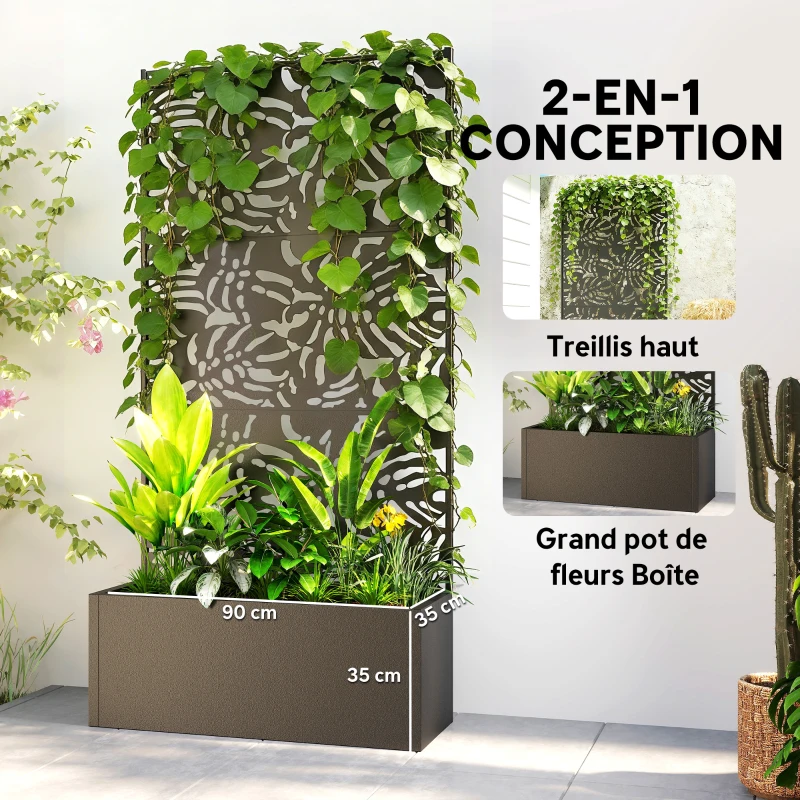 Outsunny Jardinière avec treillis, bac à fleurs, avec brise-vue, pour plantes grimpantes, métal, 90 x 37,5 x 180 cm, noir