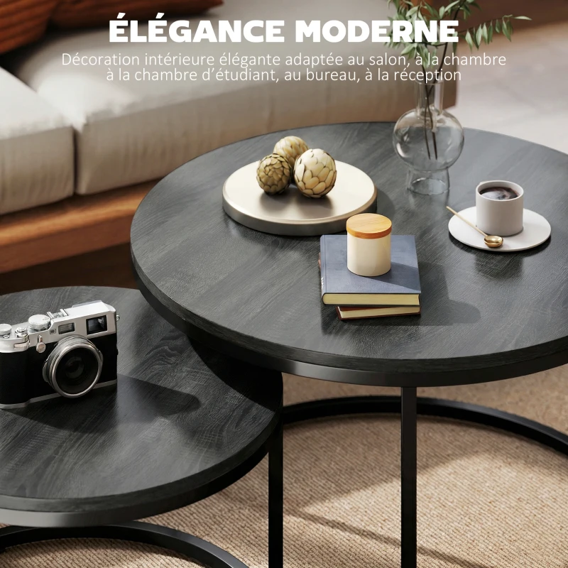 HOMCOM Lot de 2 tables basses gigognes empilable design industriel pieds en métal noir