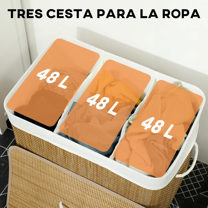 HOMCOM Cesto de Ropa Sucia 144L de Bambú con 3 Compartimentos Asas Bolsa Interior Extraíble 60x40x60 cm Marrón