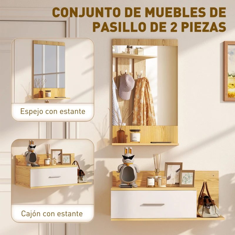 HOMCOM Conjunto de Recibidor de Entrada de Pared con Espejo y Almacenaje Espejo con Cajón y 2 Estantes Abiertos Madera Natural