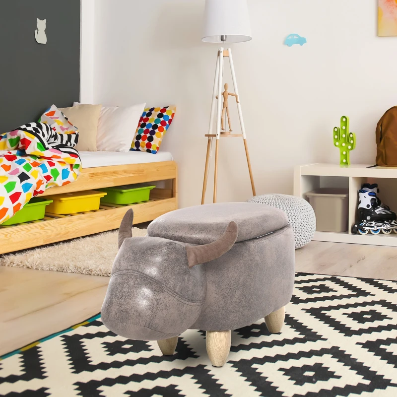 HOMCOM Tabouret Vache - Pouf Vachette - Pouf Taureau Coffre de Rangement 2 en 1 - Pieds Bois d'hévéa revêtement synthétique Aspect Daim Vieilli Marron