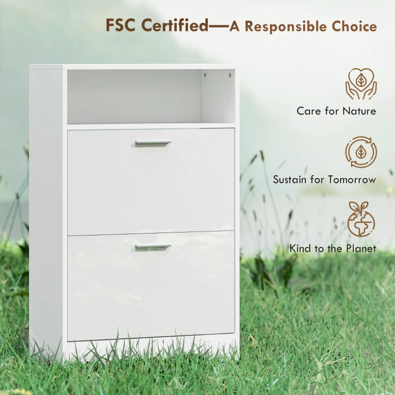 HOMCOM Móvel para Sapatos 8 Pares Armário para Sapatos 2 Gavetas Basculantes Prateleiras Ajustáveis e Compartimento Branco