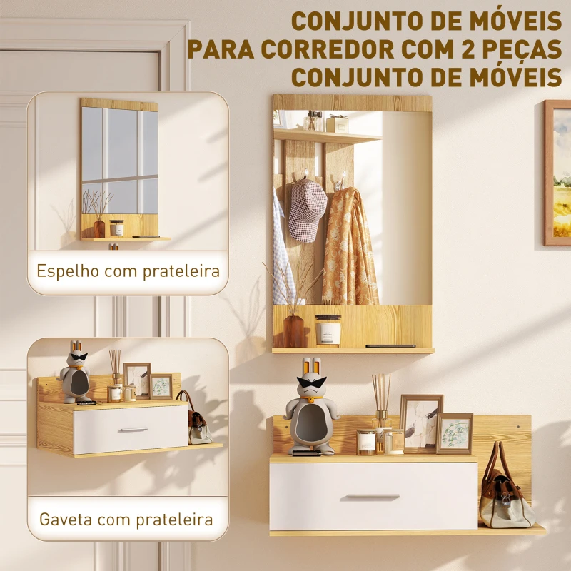 HOMCOM Conjunto de Móveis de Entrada de Parede com Espelho e Arrumação com Gaveta e 2 Prateleiras Abertas em Madeira Natural