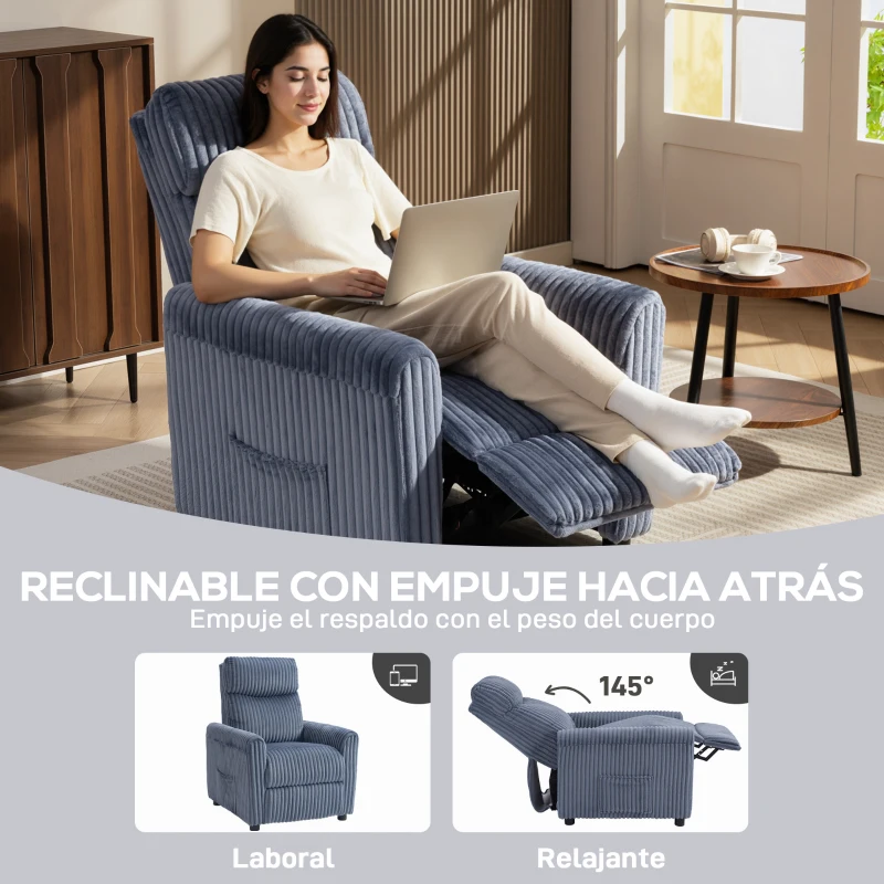 HOMCOM Sillón Relax Reclinable Manual Tapizado en Pana Instalación Rápida Reposapiés Acolchado Grueso Azul Oscuro