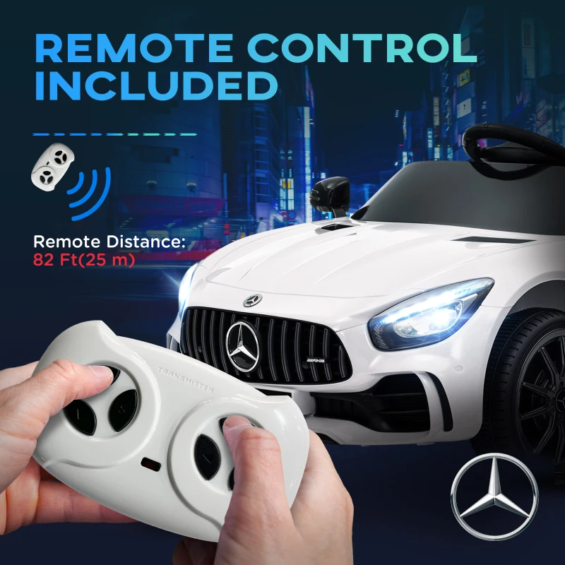 AIYAPLAY Mercedes-Benz AMG GTR Licensed 12V Kids Ride on Car, Battery Powered Kids Electric Car with Remote Control, Soft Start, LED Lights, Music Horn, 3 Speeds, for Ages 3-6 Years, White