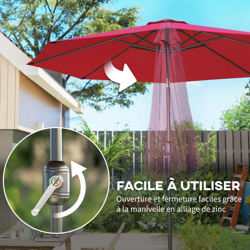 Outsunny Parasol de jardin extérieur Parasol droit inclinable Ø 3 m en métal Rond Polyester 180g/m² manivelle inclinable Bordeaux