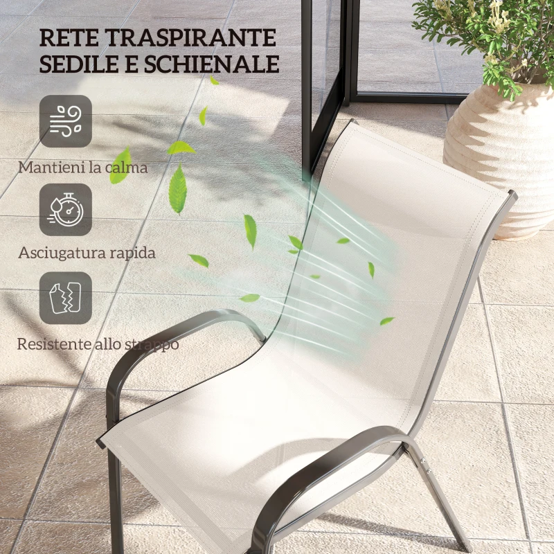 Outsunny Set 2 Sedie da Giardino Impilabili con Braccioli Curvi, in Acciaio e Tessuto Traspirante, 54x71x93 cm, Grigio Chiaro