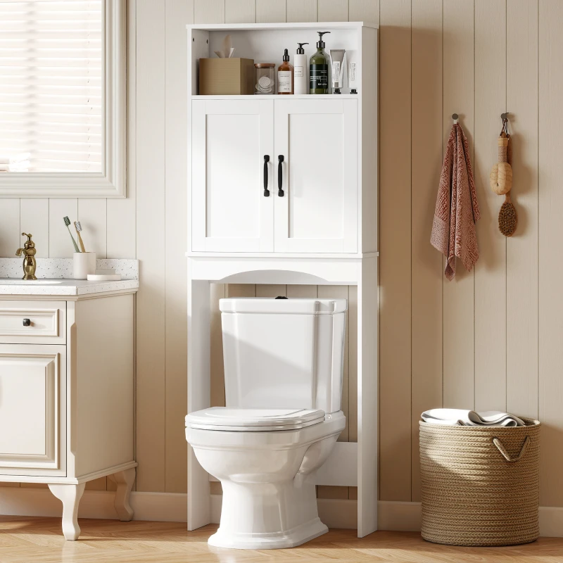 HOMCOM Dulap peste WC Mobilier de baie cu 2 uși cu închidere silențioasă Raft deschis 64x21x173,5 cm Alb