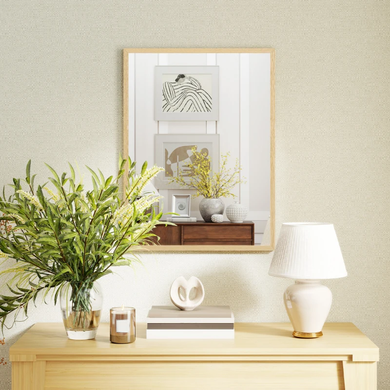 HOMCOM Miroir mural rectangulaire 80 x 60 cm, cadre en bois naturel, idéal pour la salle de bain, salon ou chambre