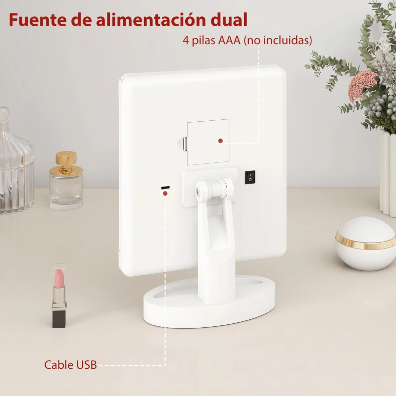 HOMCOM Espejo Maquillaje con Luz Aumento 1X/2X/3X Rotación Libre de 180° 21 Luces LED Interruptor Táctil Blanco