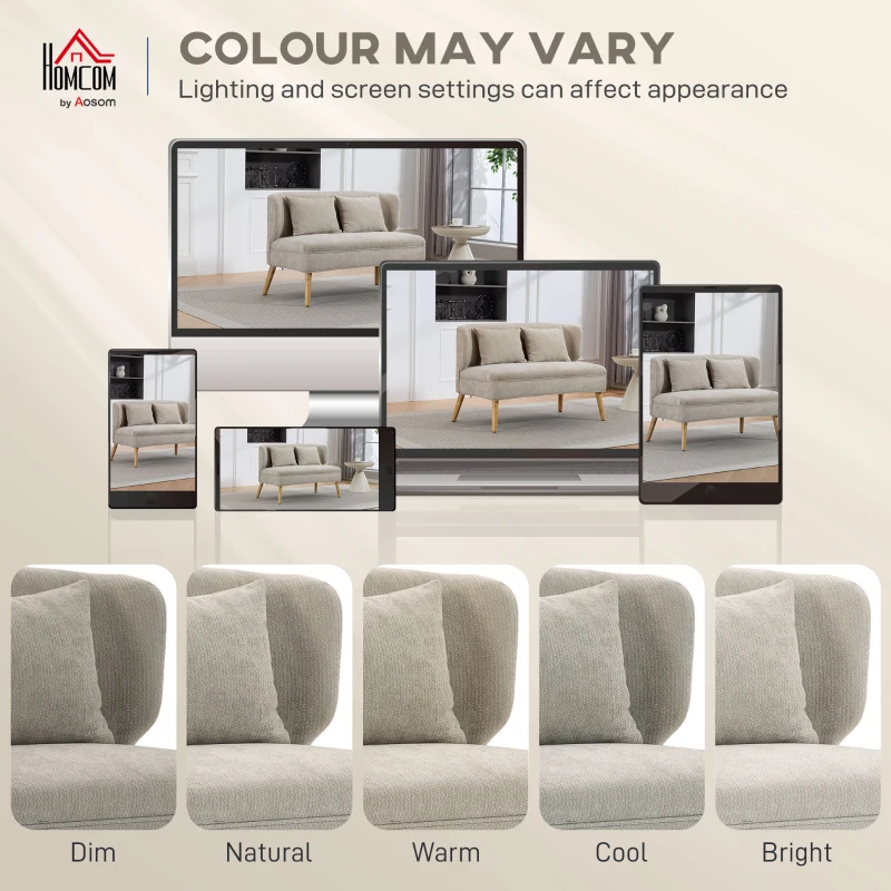 HOMCOM Dwuosobowa sofa, mała sofa z tkaniny chenille z oparciem skrzydłowym, grubym siedziskiem i nogami z drewna kauczukowego, beżowa