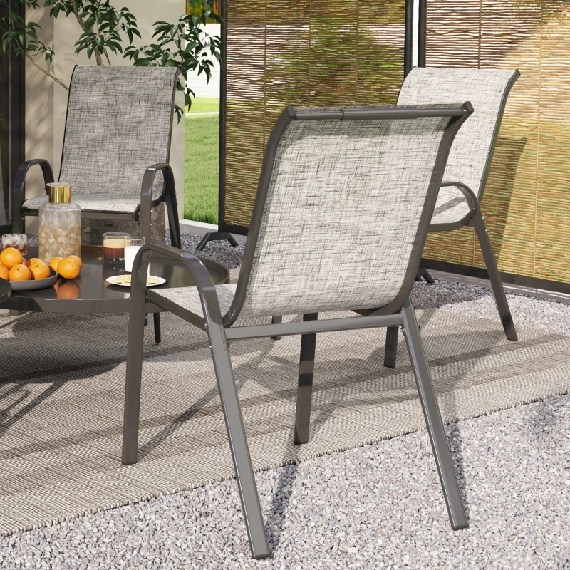 Outsunny Set 4 Sedie da Giardino Impilabili con Braccioli Curvi, in Acciaio e Tessuto Traspirante, 54x71x93 cm, Grigio