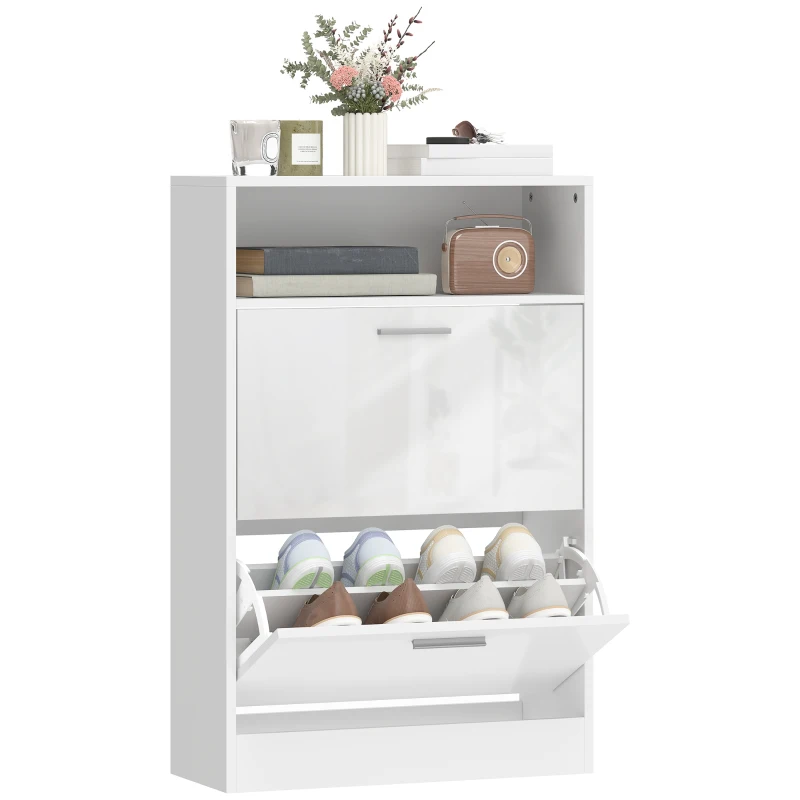 HOMCOM Móvel para Sapatos 8 Pares Armário para Sapatos 2 Gavetas Basculantes Prateleiras Ajustáveis e Compartimento Branco