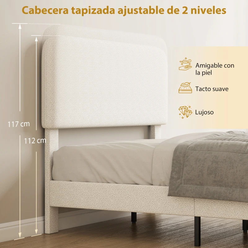 HOMCOM Estructura de Cama Doble con Cabecero Ajustable en Altura Tapizada en Borreguito Listones de Soporte Blanco