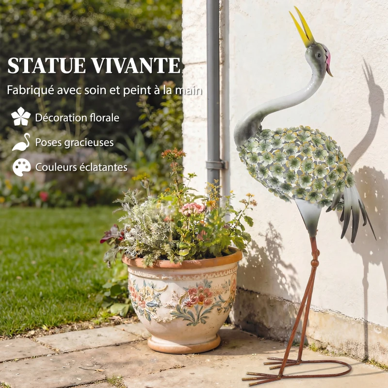 Outsunny Statues de Jardin, Sculpture de Héron en Métal, Statues d'oiseaux 71 cm, pour Cour, Étang, Terrasse, Vert