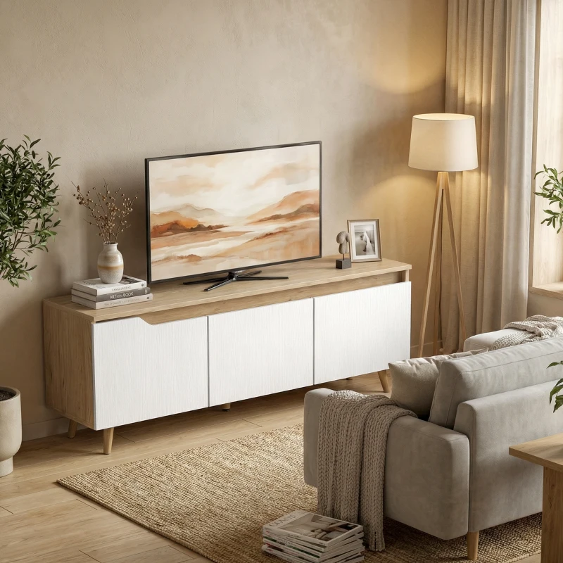 HOMCOM Meuble TV 120 cm, meuble télé pour téléviseur jusqu'à 55 pouces avec 3 portes, étagère réglable, chêne et blanc
