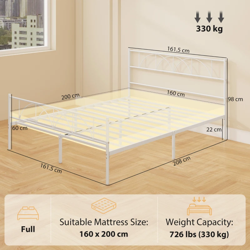 HOMCOM Struttura Letto con Testiera, Supporto a Doghe in Acciaio e Spazio di Stoccaggio Sotto il Letto, 161.5x208x98 cm, Bianco