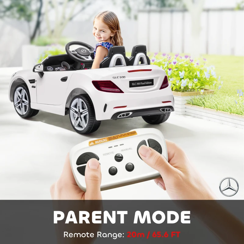 AIYAPLAY Mercedes SLC 300 Licensed 12V Kids Electric Ride On Car with Parental Remote Two Motors Music Lights Suspension Wheels for 3-6 Years White