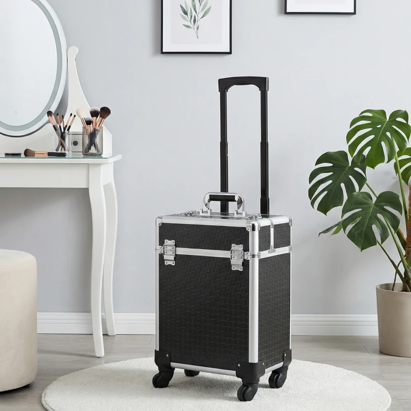 HOMCOM Valise trolley maquillage mallette cosmétique vanity poignée télescopique réglable 34L x 24l x 52H cm alu. noir