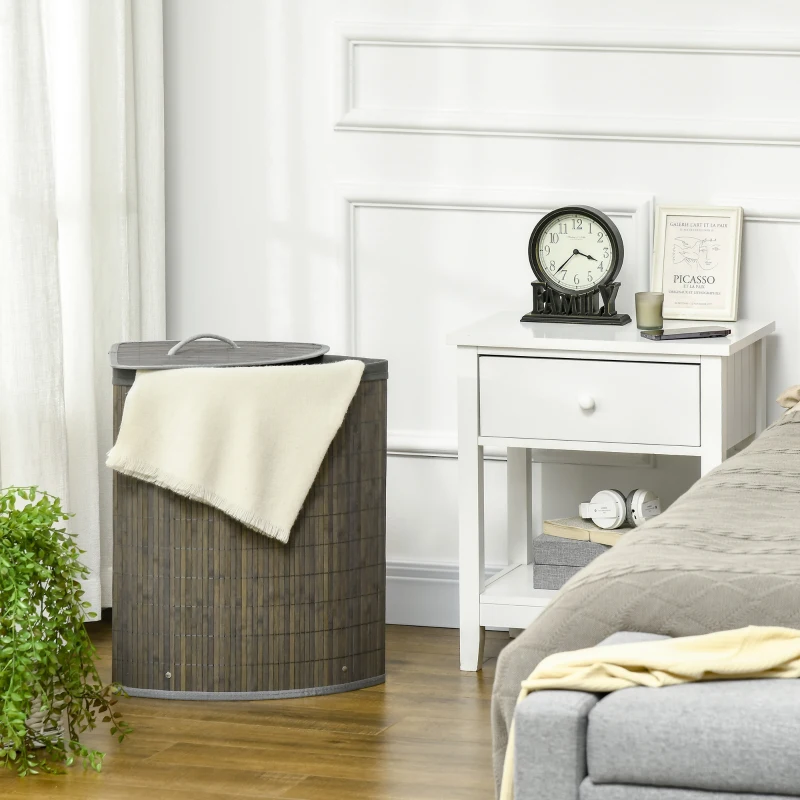 HOMCOM Panier à linge en bambou d'angle 55L avec couvercle et sac amovible 38 x 38 x 57 cm gris