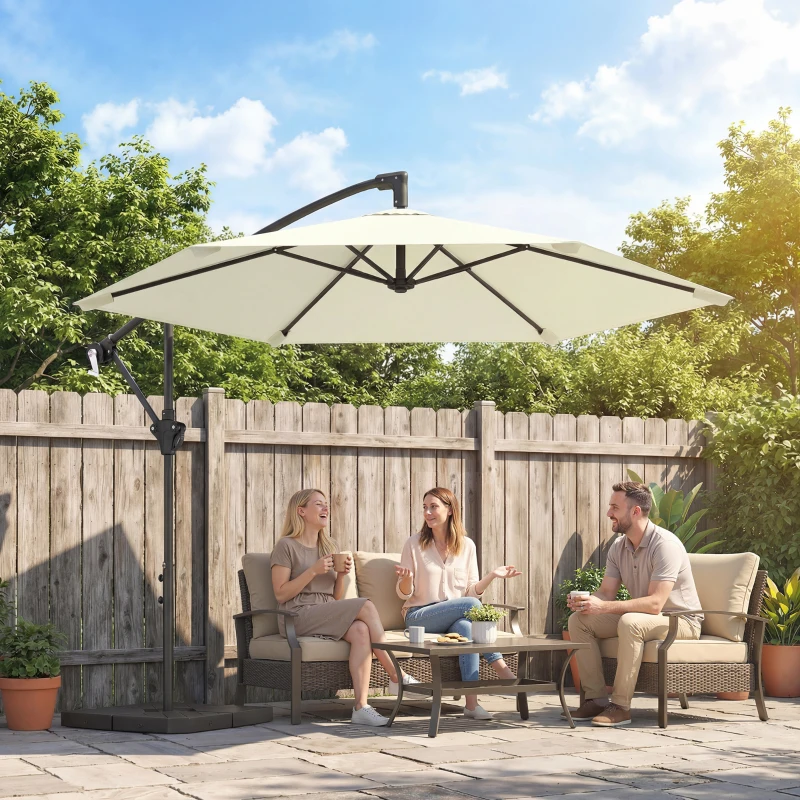 Outsunny Ombrellone decentrato con base a croce e zavorra, 3 m, Crema