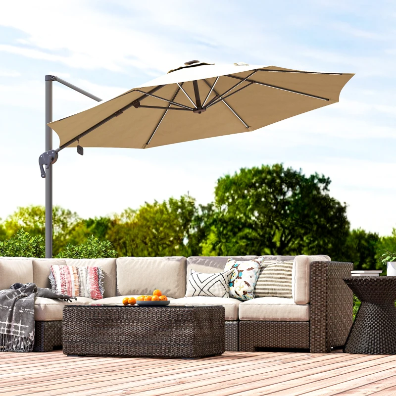 Outsunny Parasol déporté octogonal parasol LED solaire inclinable pivotant manivelle piètement aluminium dim. Ø 3 x 2,55H m beige