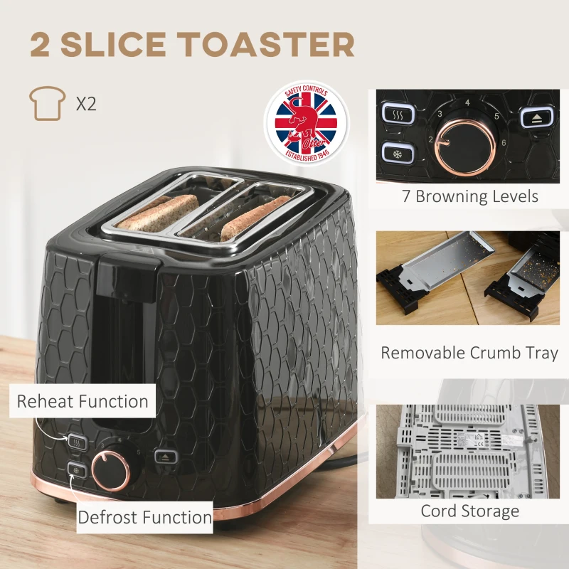 HOMCOM Zestaw Czajnik i Toster, 1,7 L, różne tryby, wskaźniki LED, Kolor Czarny