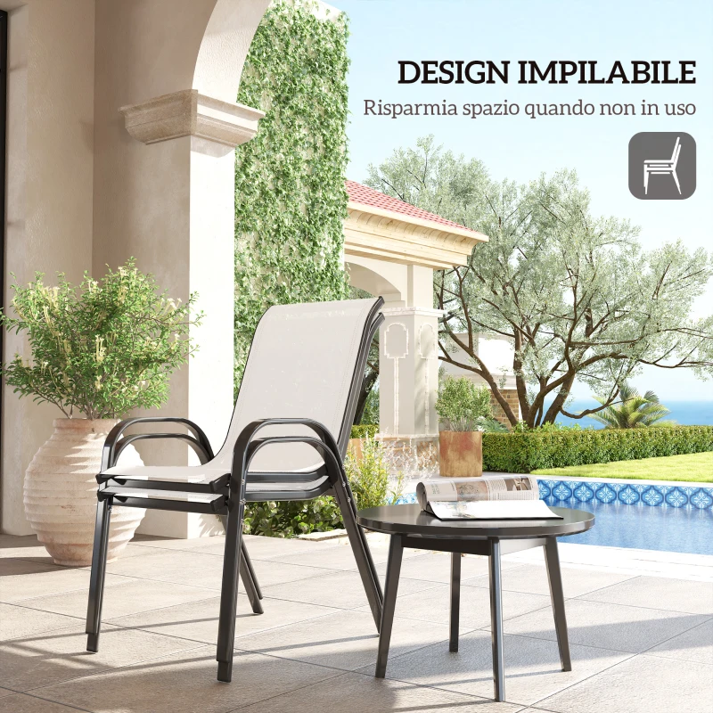 Outsunny Set 2 Sedie da Giardino Impilabili con Braccioli Curvi, in Acciaio e Tessuto Traspirante, 54x71x93 cm, Grigio Chiaro
