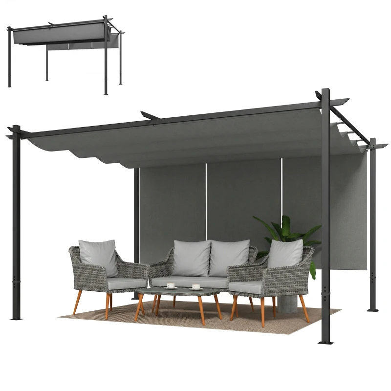 Outsunny Pérgola com Teto Retrátil de 390x293x220 cm Pérgola de Parede ou Independente com Lados Enroláveis Proteção UV30+ Cinzento