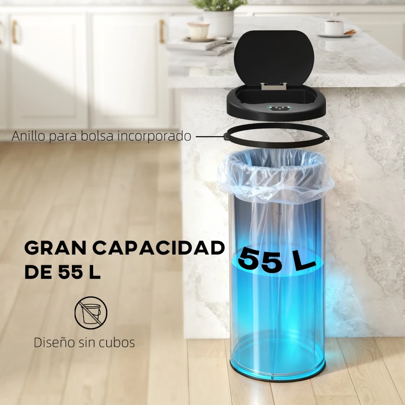 HOMCOM Cubo de Basura Cocina Automático 55 L de Acero Inoxidable con Sensor Infrarrojo Cierre Suave Antihuellas Plateado