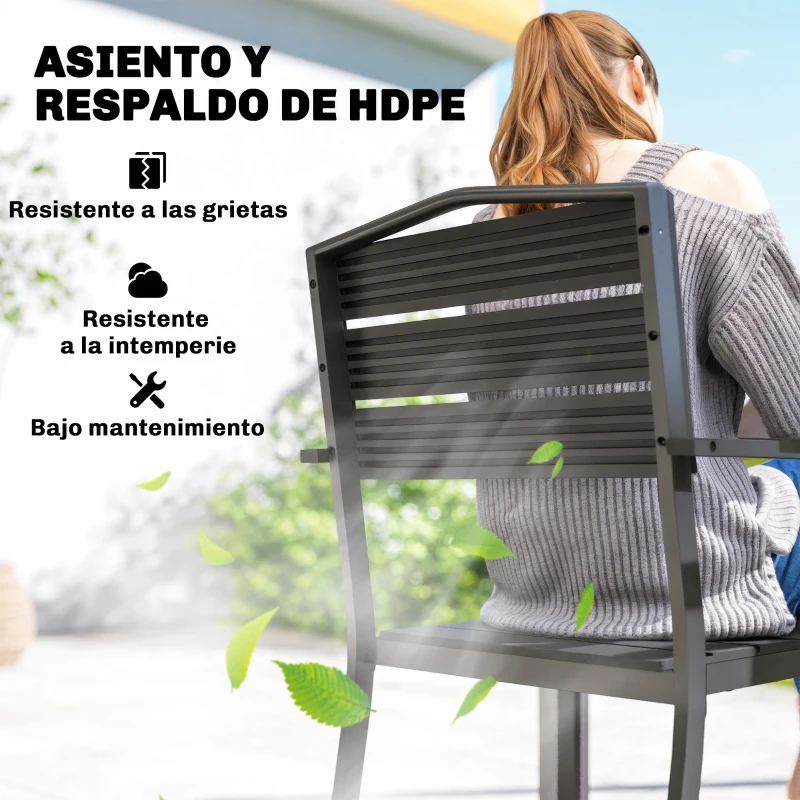 Outsunny Juego de 4 Sillas de Jardín Exterior Apilables con Reposabrazos Respaldo y Asiento Marco Metálico 52x51x90 cm Negro