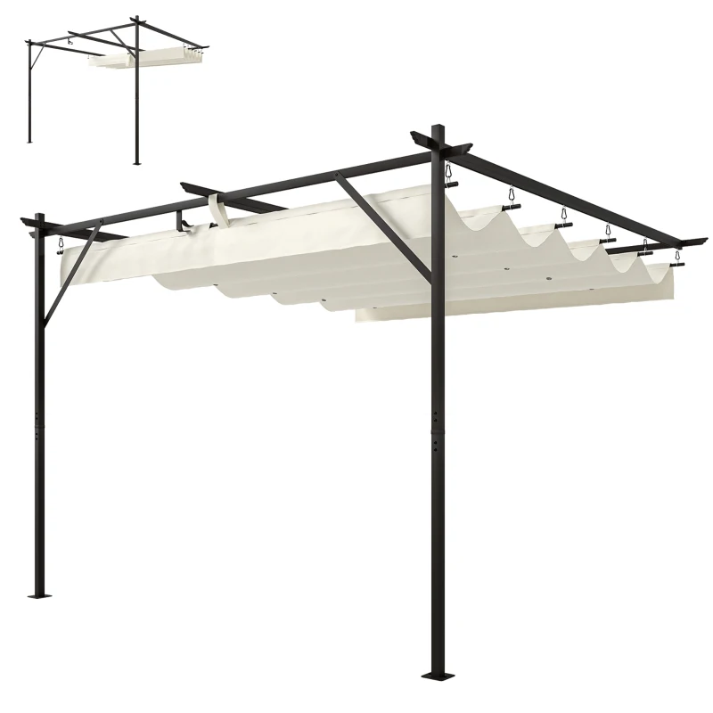 Outsunny Pérgola de Pared de Jardín 3x3 m con Techo Retráctil Protección UPF30+ Drenaje Cenador de Jardín para Exterior Crema