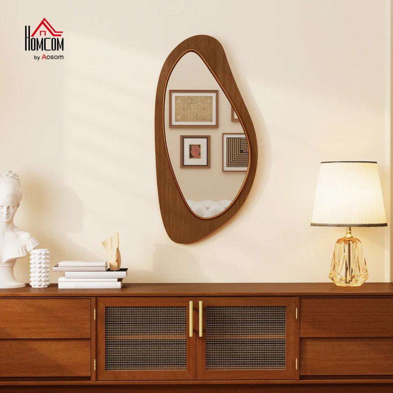 HOMCOM Miroir mural asymétrique 91,5 x 45 cm, miroir suspendu moderne, cadre en bois, effet bois naturel