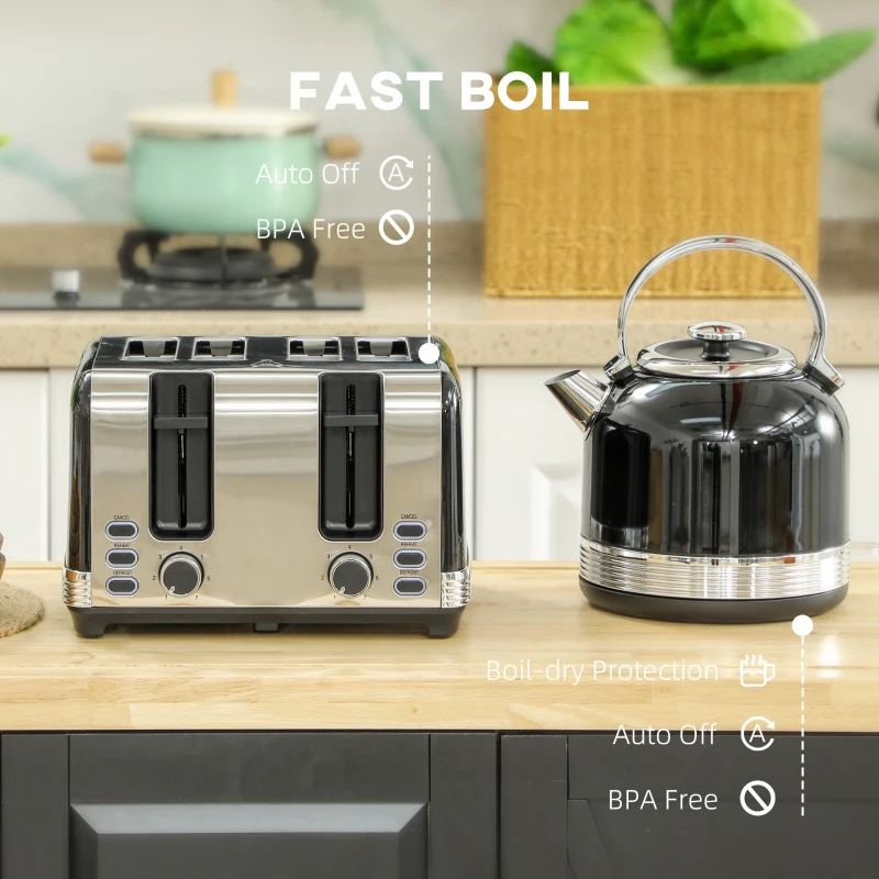 HOMCOM Zestaw Czajnik i Toster, 7 stopni opiekania, 1,7 L, Tworzywo sztuczne, Stal nierdzewna, Czarny