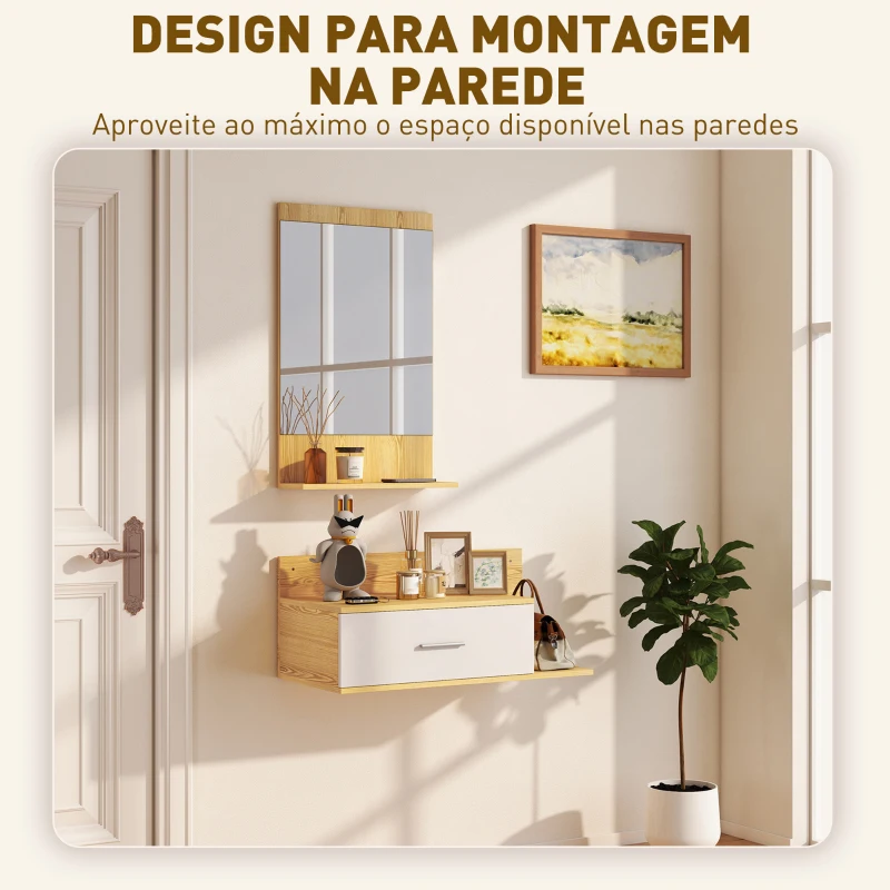 HOMCOM Conjunto de Móveis de Entrada de Parede com Espelho e Arrumação com Gaveta e 2 Prateleiras Abertas em Madeira Natural